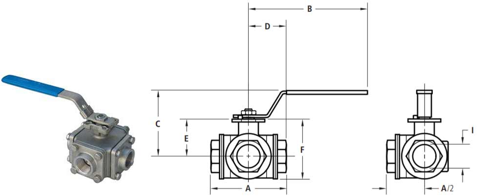 3-way full port ball valve dimensions