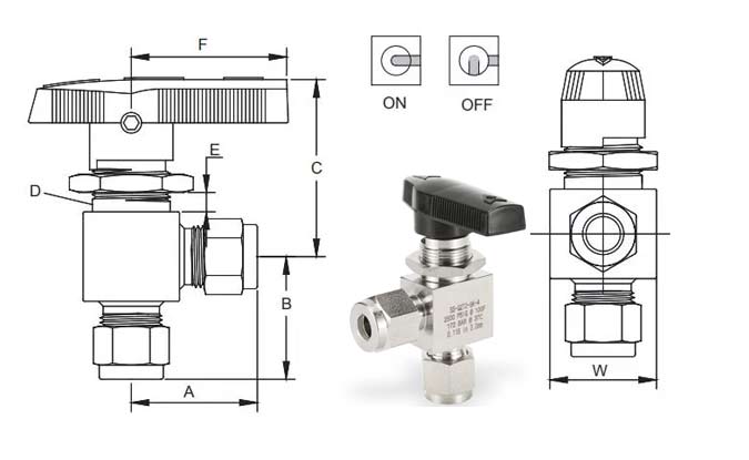 Two-way angle-type valve with ferrule